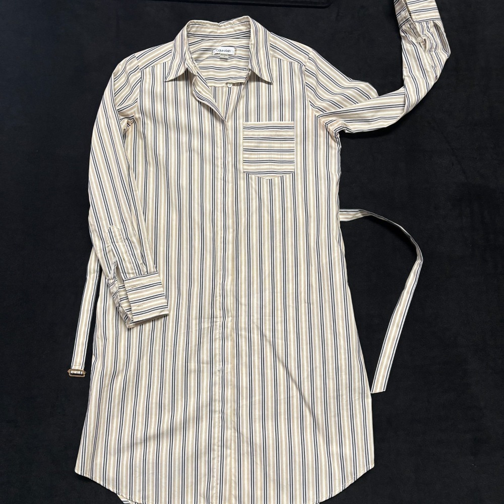 Calvin‎ Klein 4 Striped Button Down Shirt Dress Belted Knee Length - Picture 3 of 10
